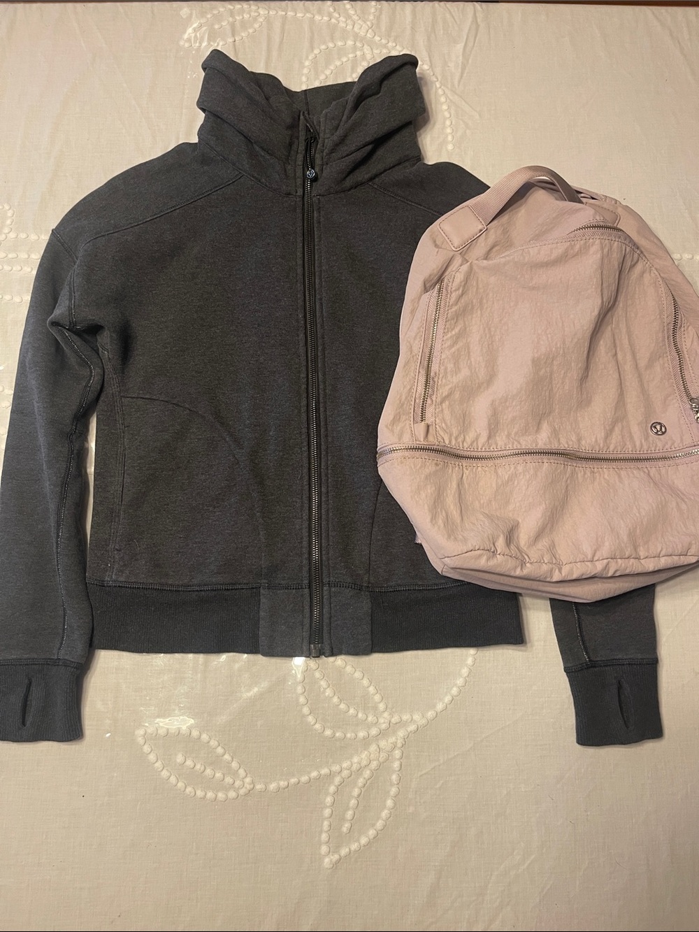lululemon athletica Charcoal Full-Zip Hoodie with Pale Pink Backpack Accent